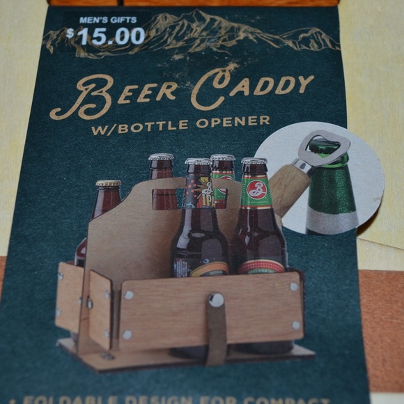 Foldable wooden beer caddy with bottle opener - NEW - Picture 3 of 11